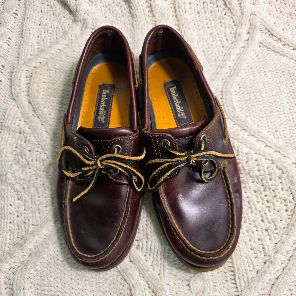 VTG Timberland Boat Shoes Burgundy Leather 2-Eye Moc Toe Mens 8.5‎ M Excellent